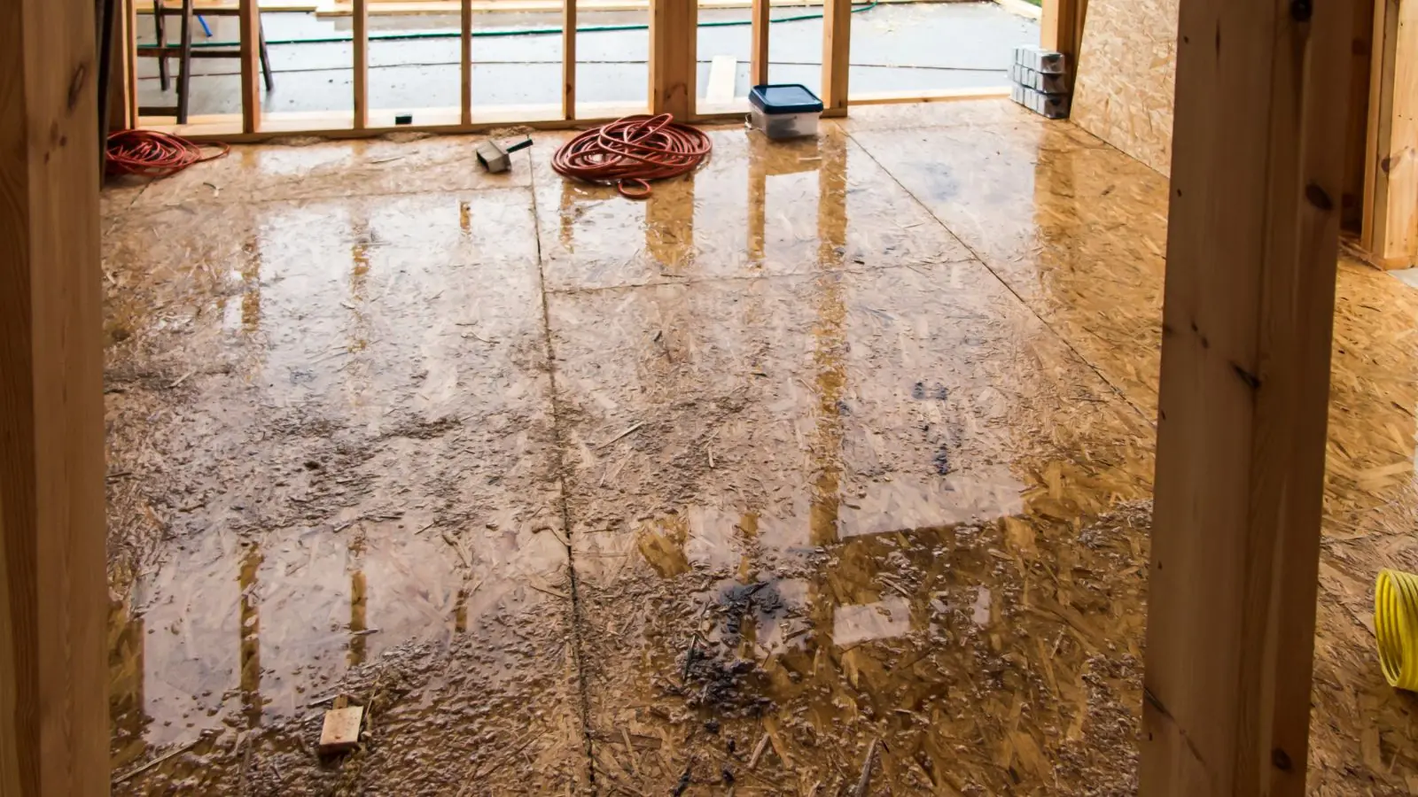 Wet, stained wood subfloor in a room being opened up for repair