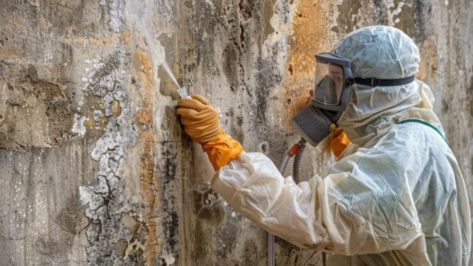 Worker in a respirator scraping mold from old wood paneling