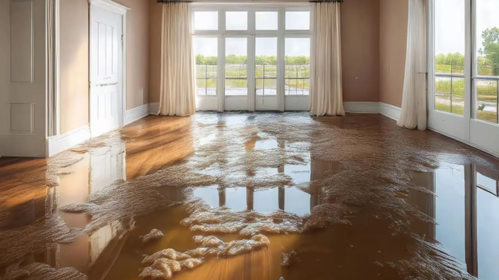 Hardwood floor in a bright room covered in a thin layer of water
