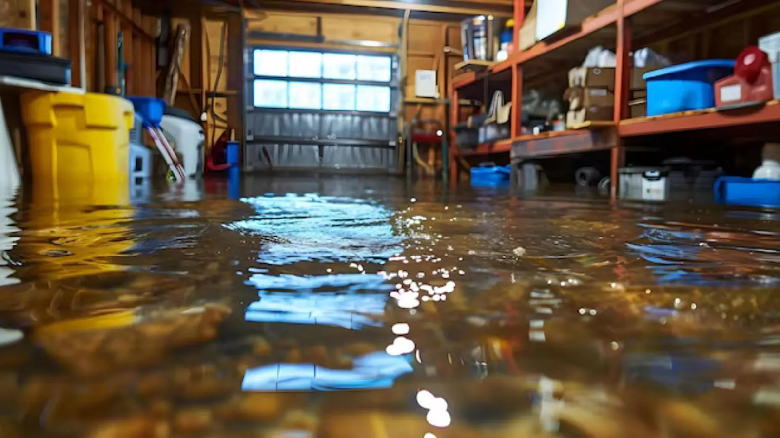 Garage with storage shelves and shop supplies sitting in standing water