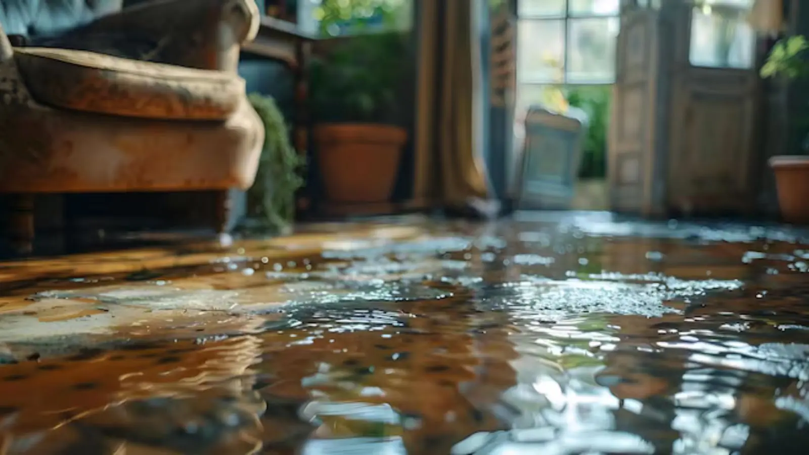 Armchair and houseplants in a living room with water covering the floor