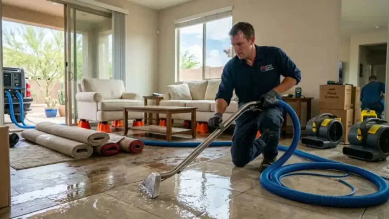 Technician extracting water from a living room floor with hoses and air movers set up