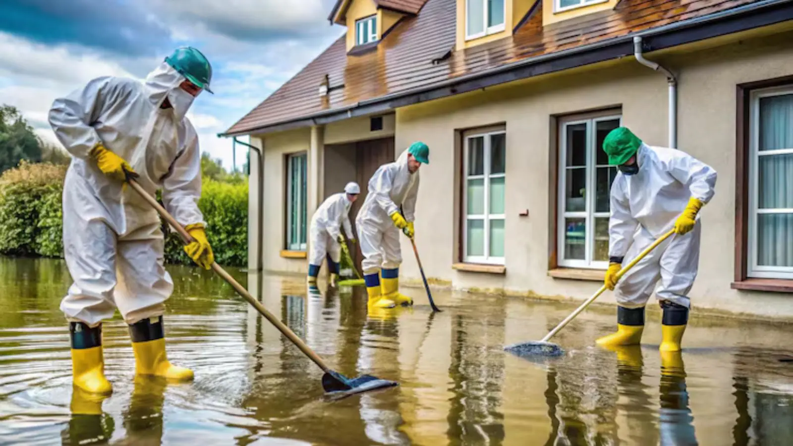 Crew in protective suits and boots working through floodwater around a house
