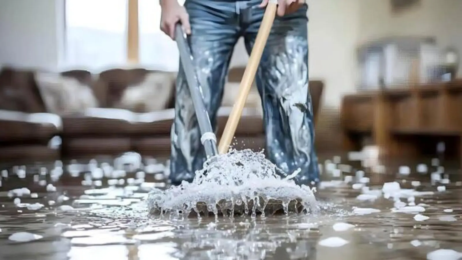 Person mopping up water and suds on a living room floor